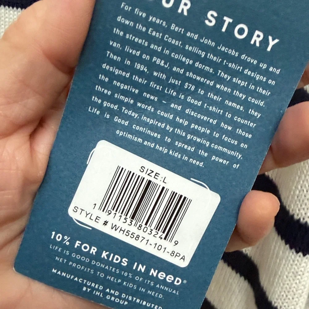 New Life is Good Striped Cream Black Sweater with Sun Embroidery, drop sleeves L - Picture 2 of 6